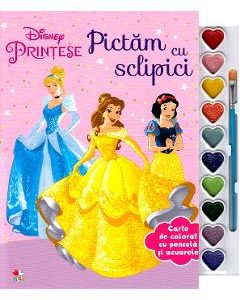 Disney: Printese. Pictam cu sclipici. Carte de colorat cu pensula si acuarele